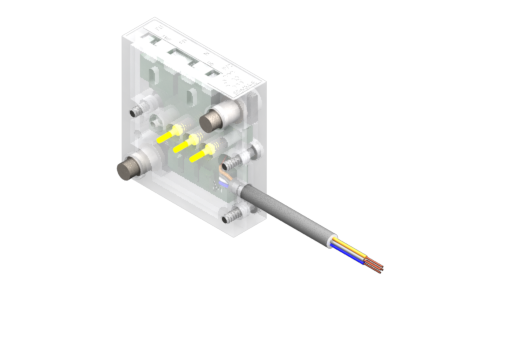 モジュラージャンクションボックス、マスターモジュール、36x34x10 mm、12～24Vdc、最大1 A、1つのNO出力、1つのPNP/NPN構成可能出力、モジュラーアセンブリ用組み込み型ネジ付 - SBMM-E